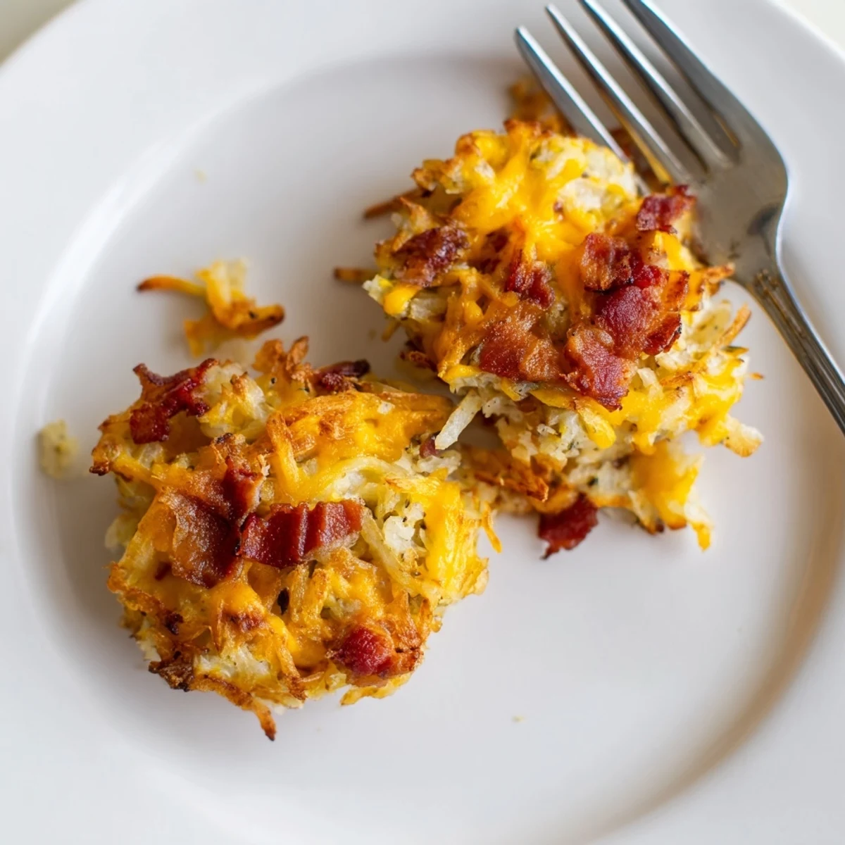 Close up of cheesy loaded hashbrown bites held as a delicious appetizer with green onion garnish.