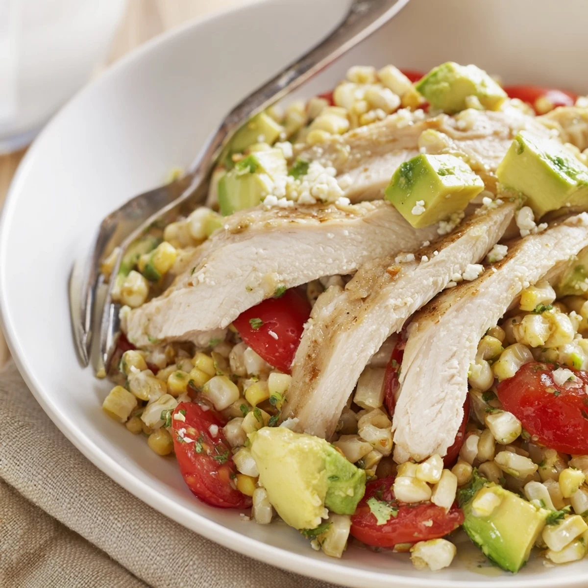 Vibrant bowl of High Protein Chicken Street Corn Salad featuring juicy grilled chicken strips and charred corn kernels tossed with avocado, cherry tomatoes, and crumbly white cotija cheese.