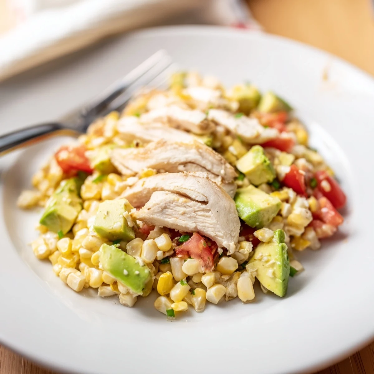 Colorful close-up of Mexican-inspired street corn salad layered with tender spiced chicken, creamy avocado, diced red onion, and fresh cilantro leaves for a hearty meal.