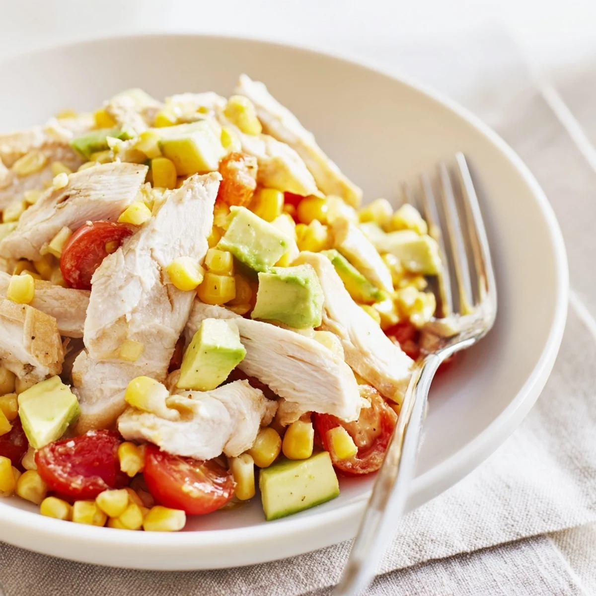 Top-down view of a healthy chicken and corn salad dish drizzled with a creamy lime dressing, highlighting the grilled chicken chunks and crisp vegetable mix.