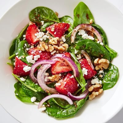 A large bowl of Strawberry Walnut Spinach Salad with Balsamic, featuring red onion and creamy feta, ready to serve as a light lunch or elegant starter.