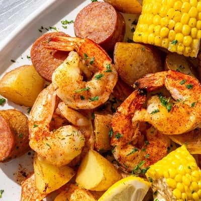 Hearty Sheet Pan Shrimp Boil featuring plump shrimp, roasted corn, tender baby potatoes, and smoked sausage garnished with fresh parsley on a sheet pan.