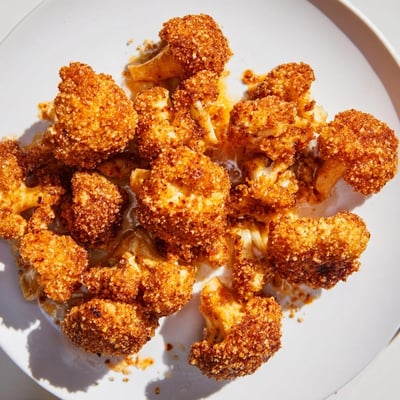 Oven-baked Crispy Baked Cauliflower Bites with Buffalo Sauce tossed in tangy sauce.