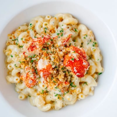 Golden-brown herbed breadcrumbs top this Lobster Macaroni and Cheese, served hot from the oven in a ceramic baking dish.