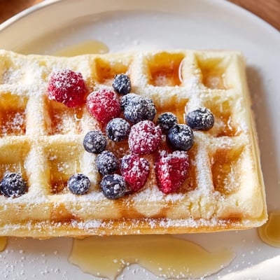 Thick Lemon Ricotta Waffles topped with fresh blueberries and strawberries, sliced lemons beside them on a wooden table.