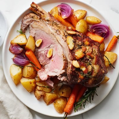 Sizzling Roasted Lamb with Root Vegetables arranged on a platter, featuring caramelized carrots and potatoes.
