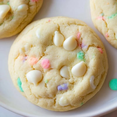 Chewy pastel white chocolate cookies fresh from the oven with lightly golden brown edges