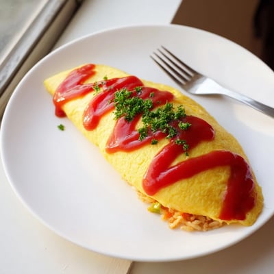 Omurice plated on white dish showcasing silky egg blanket over savory chicken rice