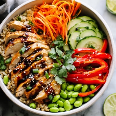 Colorful Asian Inspired Chicken Power Bowl arranged over brown rice with fresh avocado