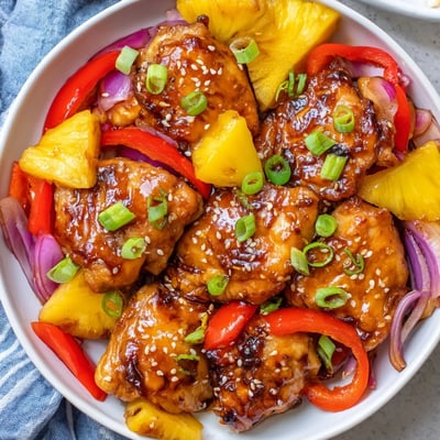 Juicy Hawaiian chicken thighs coated in glossy sweet tangy glaze beside tender crisp vegetables