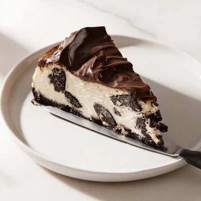 Decadent chocolate Oreo cheesecake topped with smooth ganache and crushed cookies